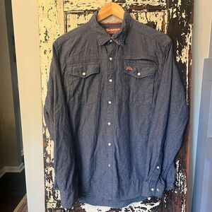 Simms Blue Casual Button Down Shirt with Western Style fish snaps embroidered. M